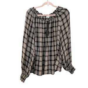 Max Studio Top Black Tan Plaid Long Sleeves Peasant Top Rayon Lightweight XL